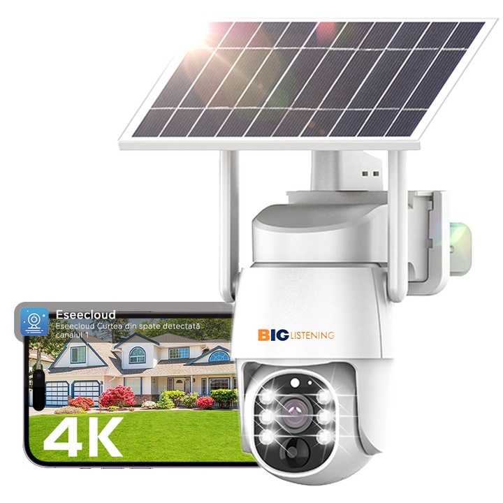 BIGLISTENING Kültéri biztonsági kamera napelemekkel, 2.4GHz Wi-Fi kapcsolat, 4MP, 6W napelem, 3.6mm, 8000 mAh akkumulátor, éjszakai látás, kétirányú kommunikáció, intelligens mozgásérzékelő, valós idejű riasztás, IP66