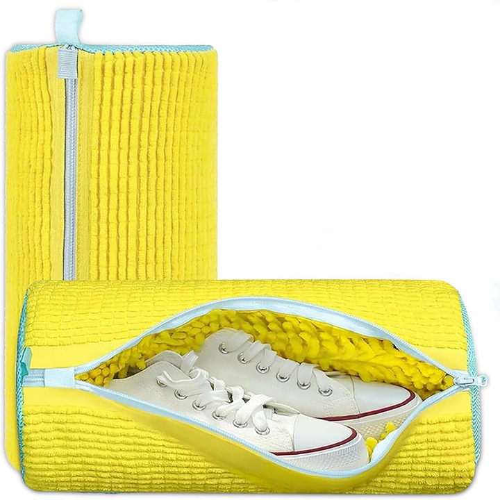 1 bucati Sac pentru masina de spalat pantofi, saci pentru spalarea pantofilor sport, sac reutilizabil pentru curatarea pantofilor de toate marimile, pantofi de tenis, interior din microfibra, galben