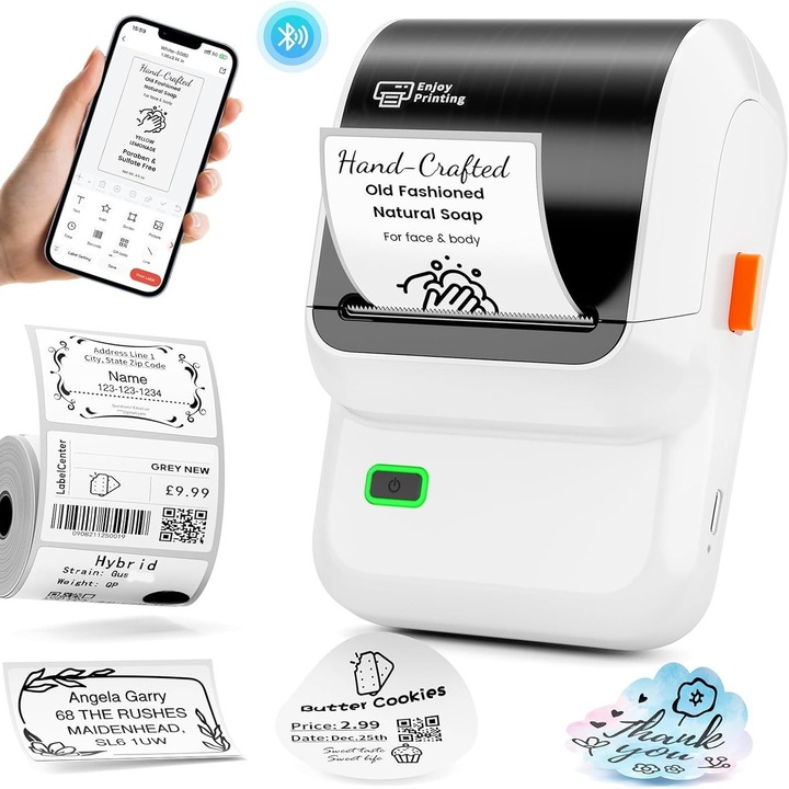 Термопринтер за етикети, Bluetooth и свързаност с няколко устройства, универсално приложение с 2000 икони и 300 шаблона, масово отпечатване и интелигентни функции, за малък бизнес, офис, дом, училище, бял