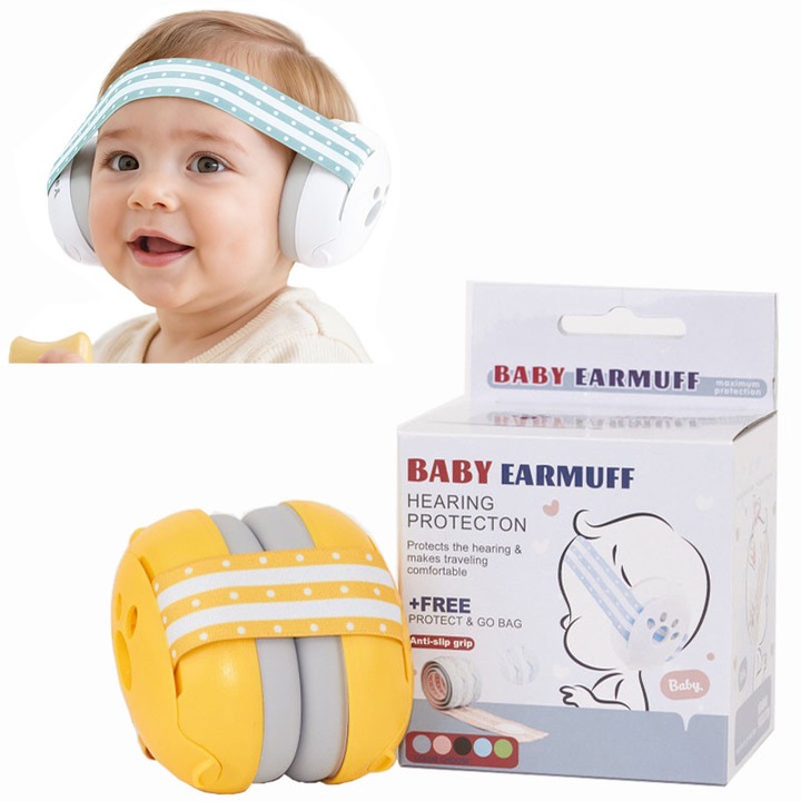 Casti Antifonice Pentru Bebelusi si Copii Pana la 36 Luni, Sigure si Confortabile, Fara Presiune Pe Fontanela, Bentita Elastica Moale Care Previne Alunecarea, Anulare a Zgomotului la 25dB SNR, Galben/Gri