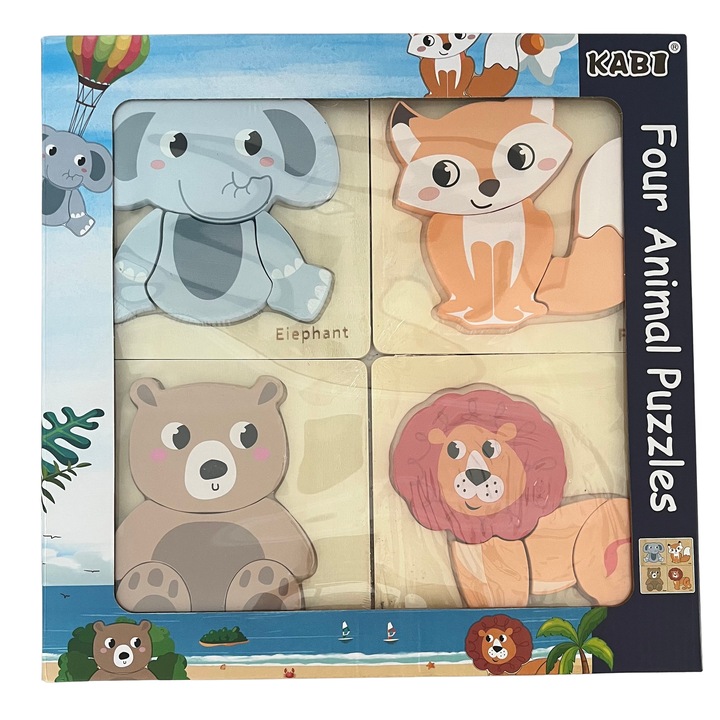 Fa állatos puzzle készlet – 4 db 4 darabos puzzle, Kabi