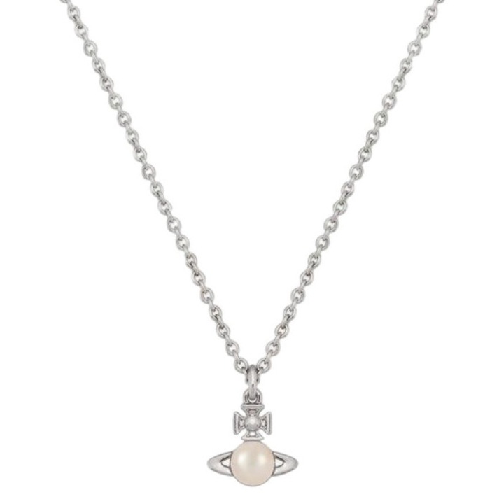 Colier cu pandantiv rotund din perle, Vivienne Westwood, argintiu, lungime ajustabila