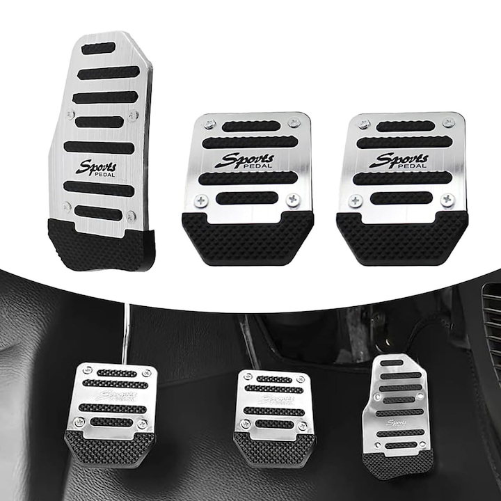 Set 3 pedale auto aluminiu ZGGZERG, antiderapant, argintiu, 9cmx6.6cm