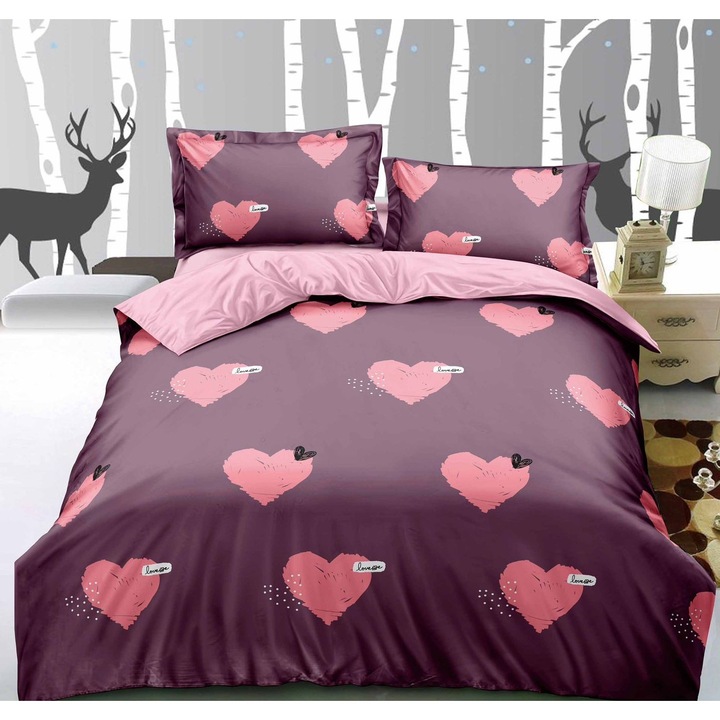 Set Lenjerie pentru Pat Dublu, 4 Piese, cu Elastic, Material Bumbac tip Finet, 180x200 cm, cu 2 Fete de Perna Incluse