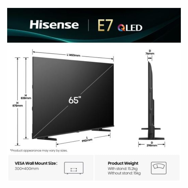 Televizor Hisense 65" E7Q, 4K Ultra HD 3840x2160, QLED, Quantum Dot, HDR 10+, HLG, Dolby Vision, DTS Virtual X, Smart TV, Senzor de lumină, WiFi Direct, BT, Anyview Cast, 3xHDMI, 2xUSB, LAN, CI+, DVB-T2/C/S2, Negru 65E7Q