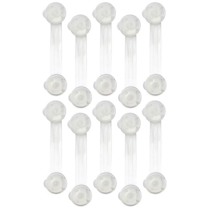 Set 10 sigurante usi pentru copii NEXTLY, sistem blocare dulapuri, sertare, mobilier, geamuri, flexibile, pentru colturi si suprafete drepte, lipire cu adeziv, plastic si silicon, 15cm lungime, transparente