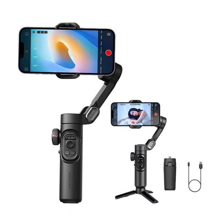 Stabilizator de imagine pentru telefon si camere, NEXTLY, Gimbal profesional cu trepied, 3 axe, 4 moduri, joystick, AI tracking, control prin gesturi, control focus/zoom, pliabil si ultraportabil, aplicatie smart, 2550mAh, negru