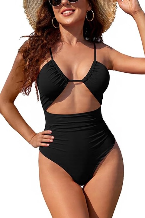 Цял бански JENUOS, V-образно деколте, с волани, Блестящо черно