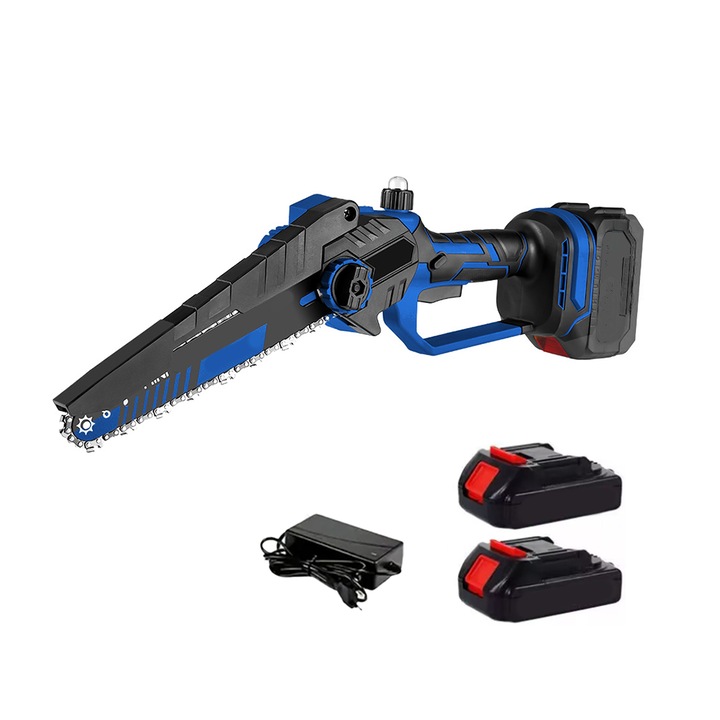 Мини електрически верижен трион тип резачка NEXTLY, 2 батерии 21V 2000mAh, дисплей за процент на батерията, 8-инчова верига, бутон за безопасност, чанта за транспорт и съхранение, черно-синьо