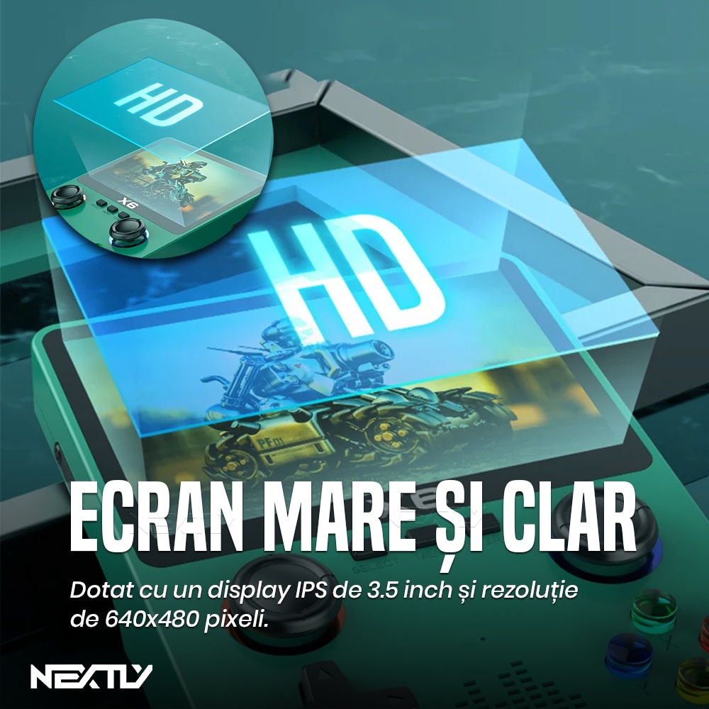 Consola portabila 6000+ jocuri NEXTLY, X6, ecran 3.5 inch, rezolutie 640x480, HD, card sd inclus 32GB, multiplayer, difuzor, redare muzica/video/e-book, acumulator 2000 mah, incarcare tip C, conectare tv, alb