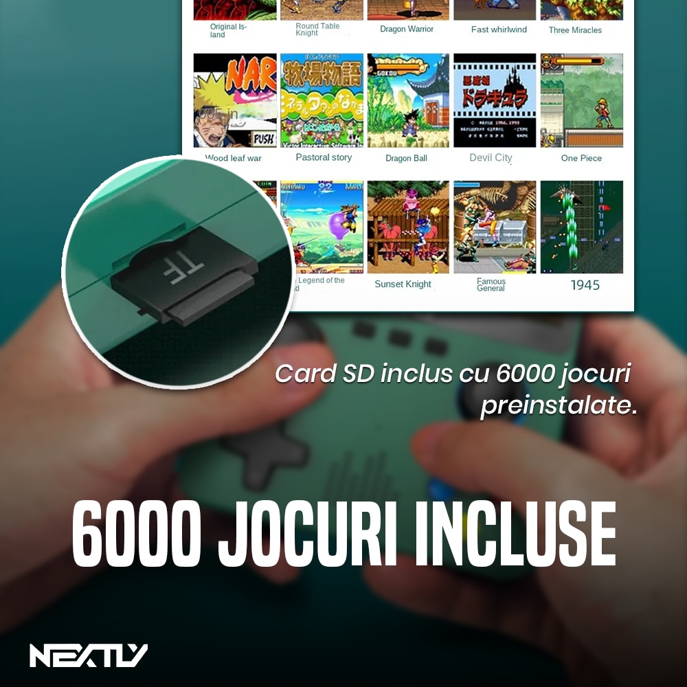 Consola portabila 6000+ jocuri NEXTLY, X6, ecran 3.5 inch, rezolutie 640x480, HD, card sd inclus 32GB, multiplayer, difuzor, redare muzica/video/e-book, acumulator 2000 mah, incarcare tip C, conectare tv, alb