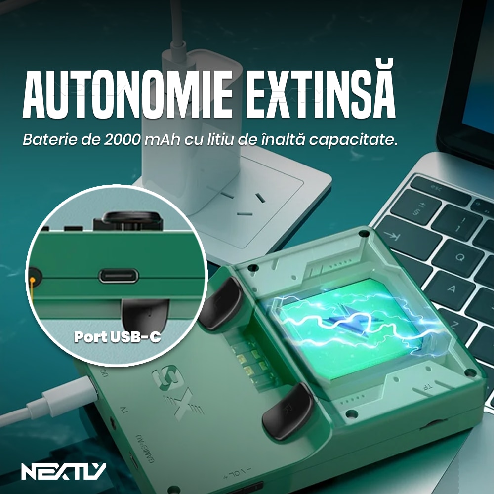 Consola portabila 6000+ jocuri NEXTLY, X6, ecran 3.5 inch, rezolutie 640x480, HD, card sd inclus 32GB, multiplayer, difuzor, redare muzica/video/e-book, acumulator 2000 mah, incarcare tip C, conectare tv, alb