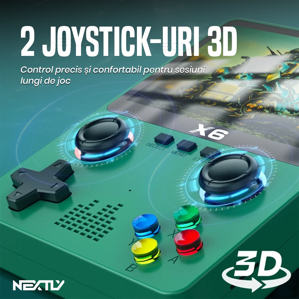 Consola portabila 6000+ jocuri NEXTLY, X6, ecran 3.5 inch, rezolutie 640x480, HD, card sd inclus 32GB, multiplayer, difuzor, redare muzica/video/e-book, acumulator 2000 mah, incarcare tip C, conectare tv, alb
