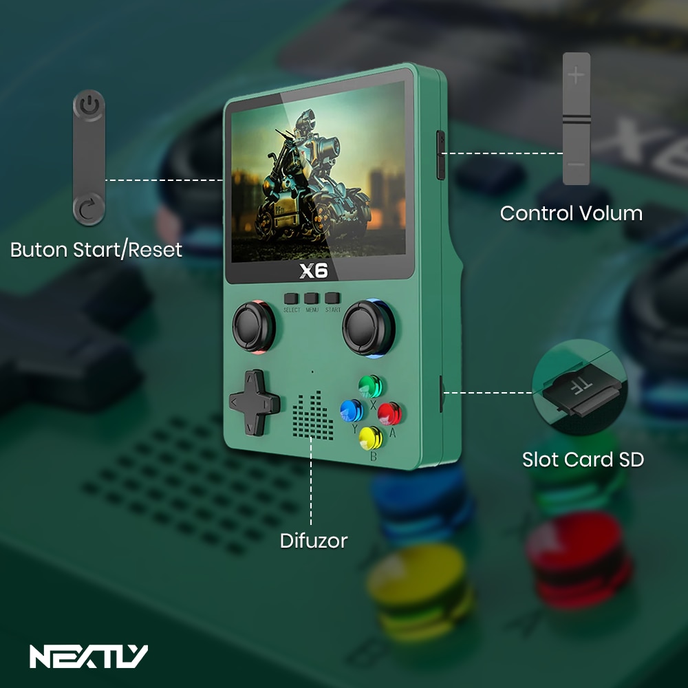 Consola portabila 6000+ jocuri NEXTLY, X6, ecran 3.5 inch, rezolutie 640x480, HD, card sd inclus 32GB, multiplayer, difuzor, redare muzica/video/e-book, acumulator 2000 mah, incarcare tip C, conectare tv, alb