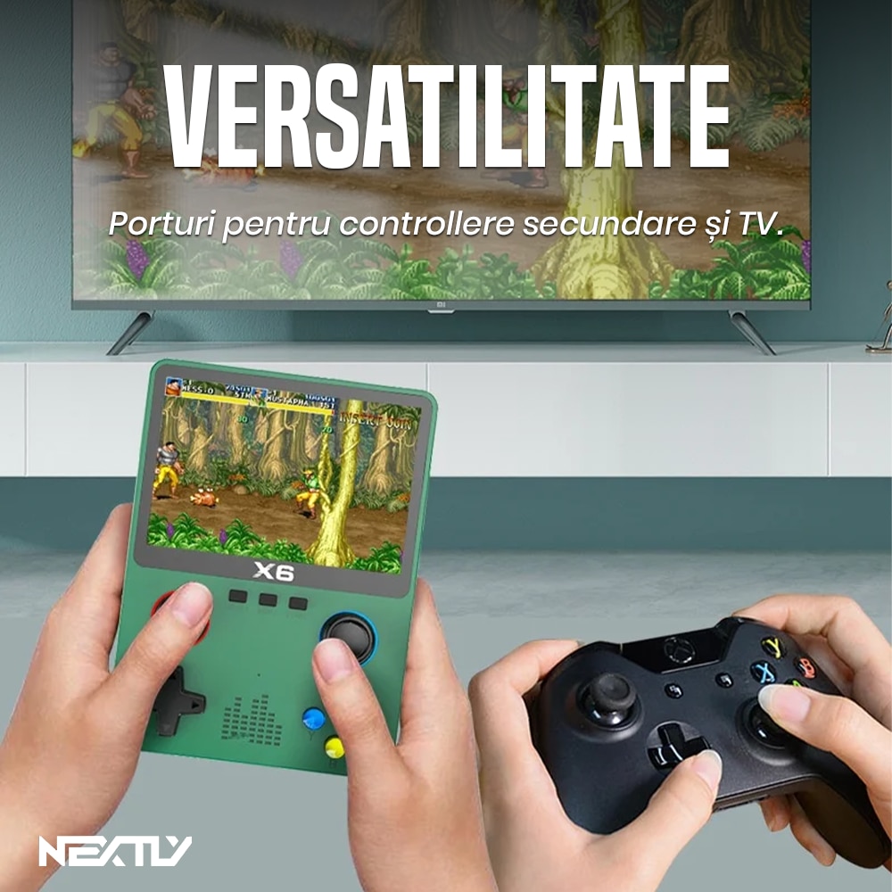 Consola portabila 6000+ jocuri NEXTLY, X6, ecran 3.5 inch, rezolutie 640x480, HD, card sd inclus 32GB, multiplayer, difuzor, redare muzica/video/e-book, acumulator 2000 mah, incarcare tip C, conectare tv, alb