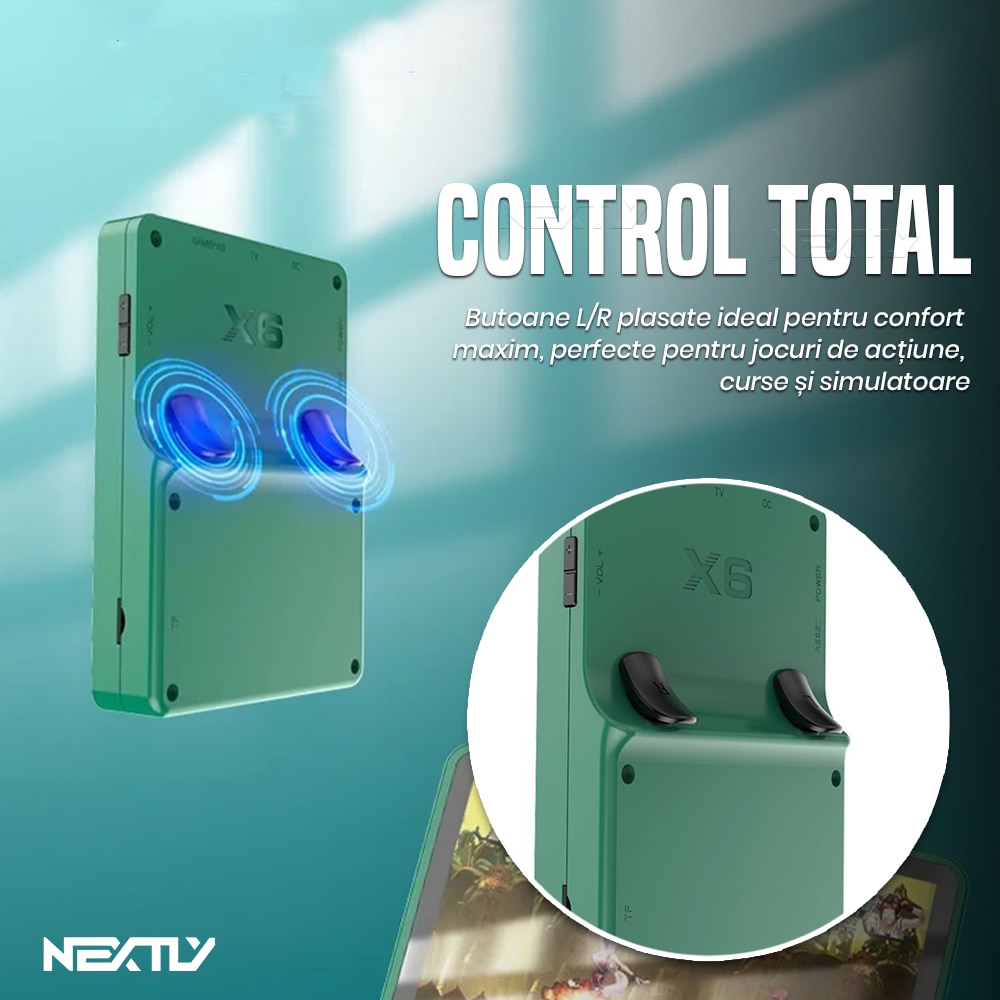 Consola portabila 6000+ jocuri NEXTLY, X6, ecran 3.5 inch, rezolutie 640x480, HD, card sd inclus 32GB, multiplayer, difuzor, redare muzica/video/e-book, acumulator 2000 mah, incarcare tip C, conectare tv, alb