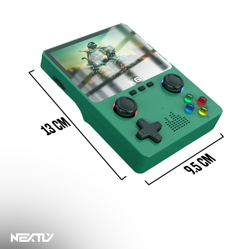 Consola portabila 6000+ jocuri NEXTLY, X6, ecran 3.5 inch, rezolutie 640x480, HD, card sd inclus 32GB, multiplayer, difuzor, redare muzica/video/e-book, acumulator 2000 mah, incarcare tip C, conectare tv, alb