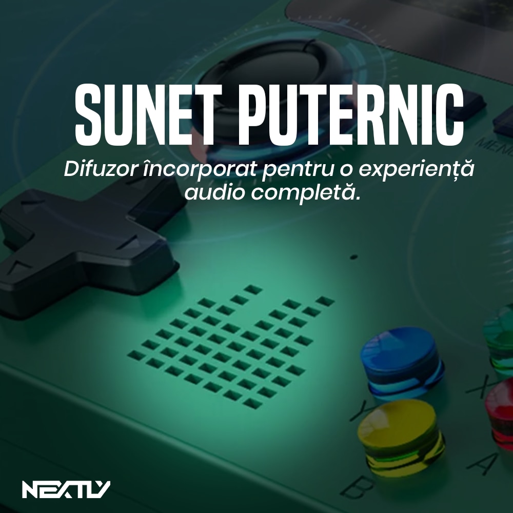 Consola portabila 6000+ jocuri NEXTLY, X6, ecran 3.5 inch, rezolutie 640x480, HD, card sd inclus 32GB, multiplayer, difuzor, redare muzica/video/e-book, acumulator 2000 mah, incarcare tip C, conectare tv, alb