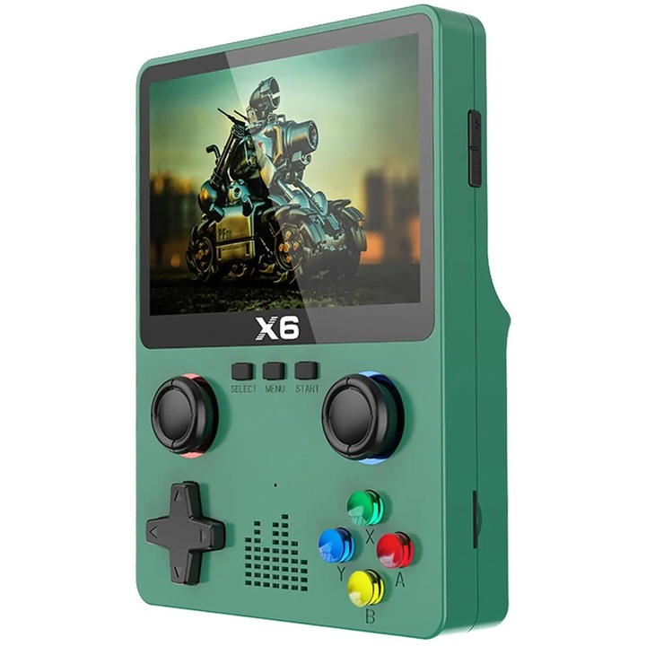 Consola portabila 6000+ jocuri NEXTLY, X6, ecran 3.5 inch, rezolutie 640x480, HD, card sd inclus 32GB, multiplayer, difuzor, redare muzica/video/e-book, acumulator 2000 mah, incarcare tip C, conectare tv, verde inchis