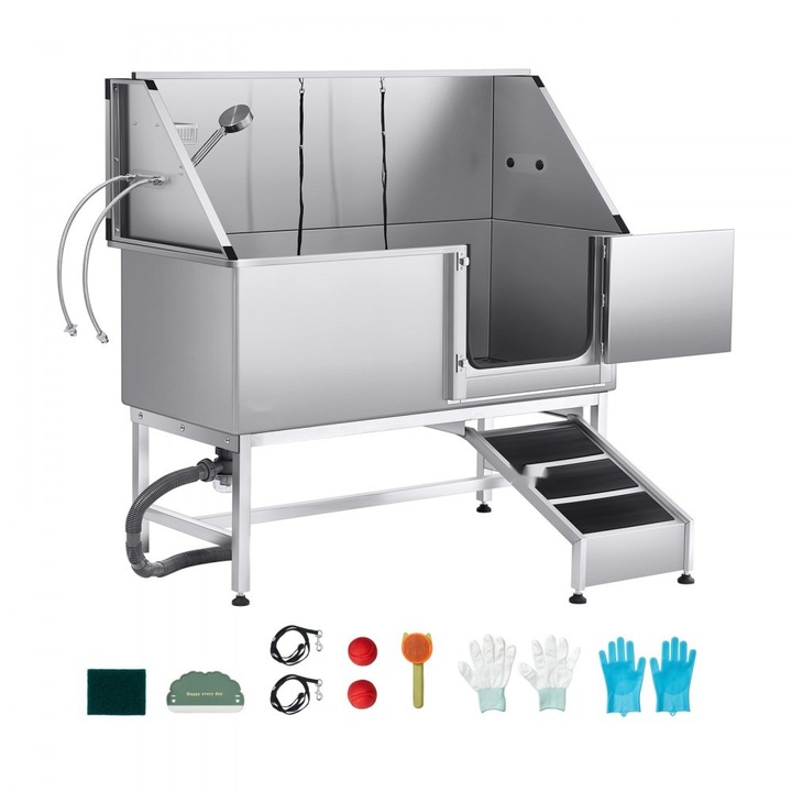 Cada de baie pentru caini, Otel Inoxidabil, 157.5 cm, cu Rampa, Filtru de Apa, Ingrijire Optima