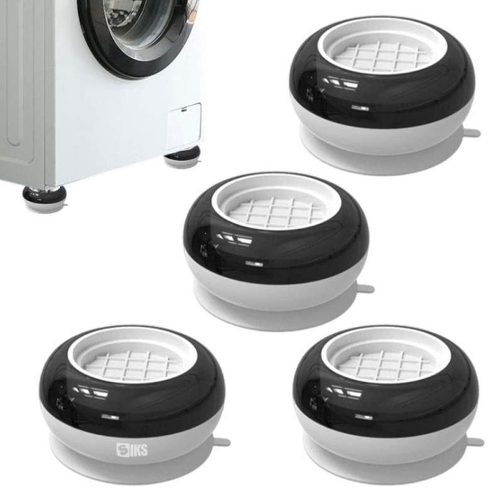 Set 4 Picioruse Anti-Vibratie SIKS, Suport Anti-Zgomot Si Antiderapante Pentru Masina De Spalat, Uscator De Rufe, Frigider, Mobilier, Alb/Negru