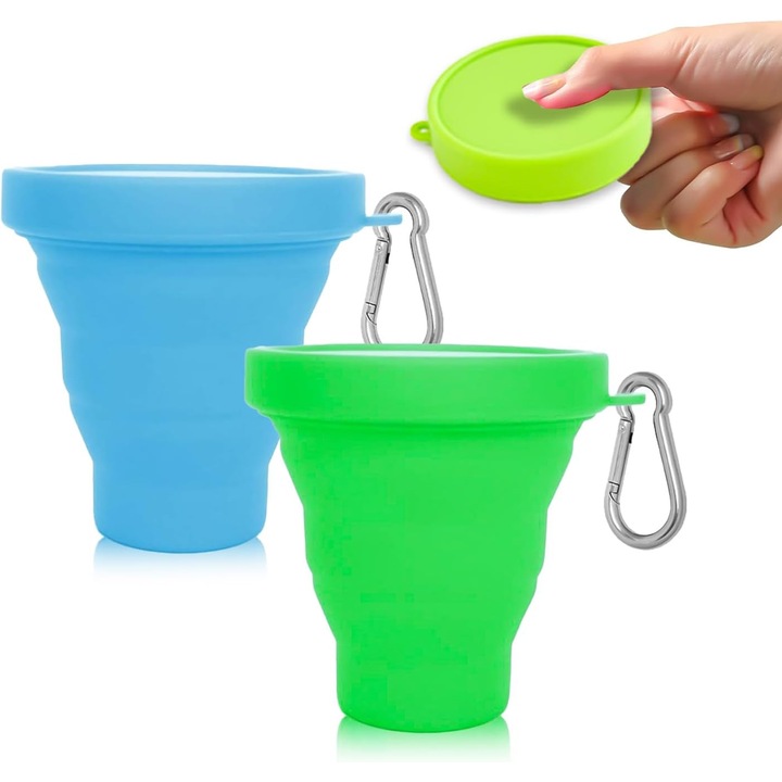 Set 2 bucati cani pliabile din silicon, cu capac plastic, reutilizabile pentru picnic, camping, drumetii, -30°C pana la 220°C