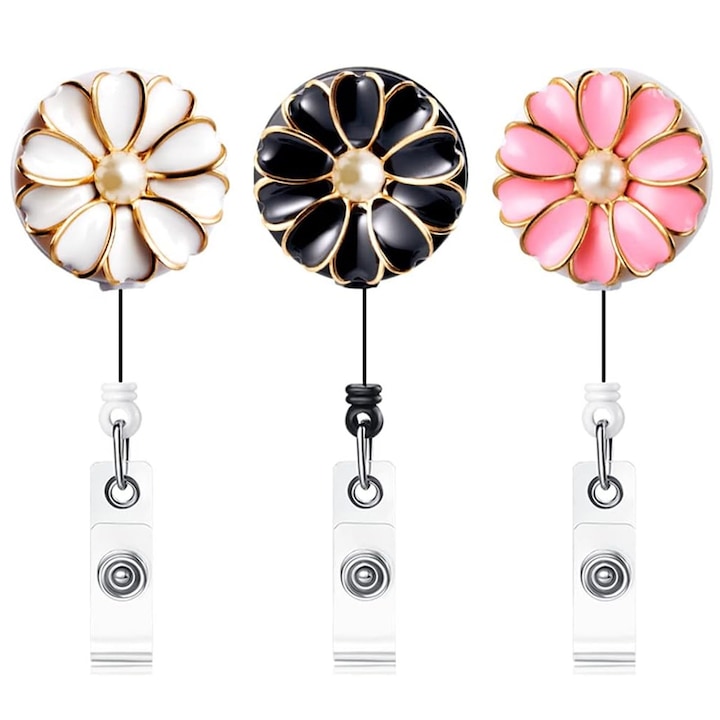 Set 3 snururi ecuson retractabile, Axroad Mall, Rola retractabila cu clips, Usor de atasat si detasat, Se poate dezasambla, Rezistenta la apa, Portabil, entru carti de identitate, chei, insigne, 360°, Ajustabil 60 cm, 3.2cm, Perla, Plastic, Multicolor