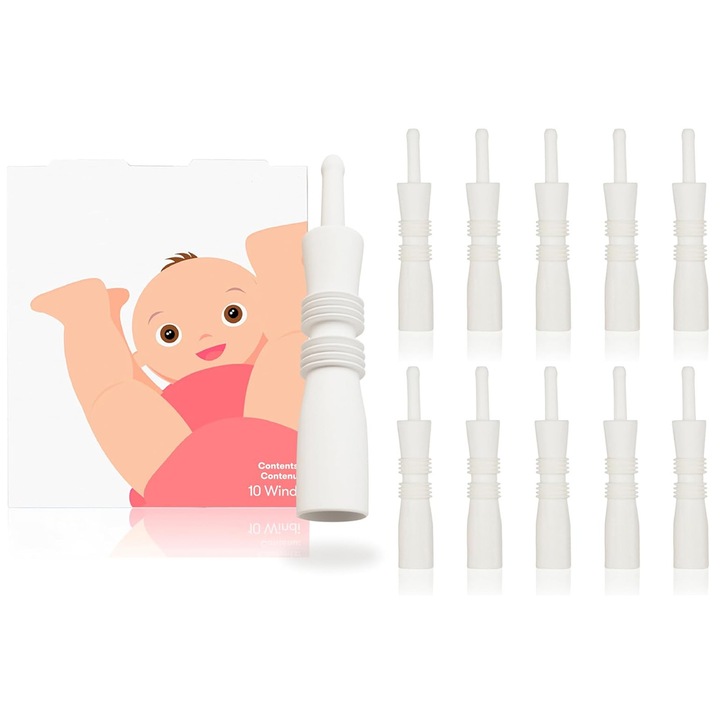 Set ingrijire pentru bebelusi, Axroad Mall, Cateter rectal, Set 10 bucati de unica folosinta, Pentru ameliorarea gazelor intestinale (partaitor), Amelioreaza flatulenta, Fara latex si BPA, 0-12 luni, 10*1.5cm, Ecologic elastomer, Alb