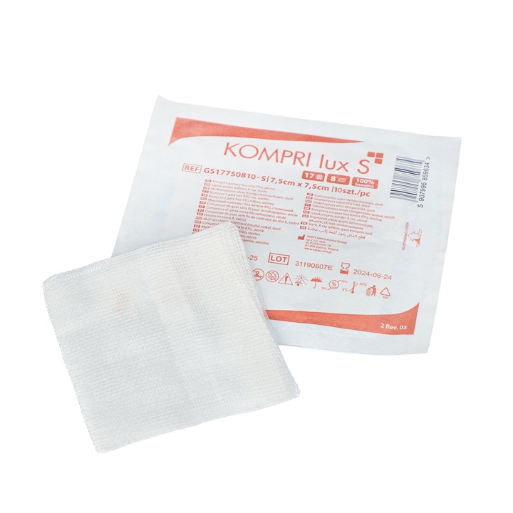 Compresa sterila, Zarys, jala 7,5 cm x 7,5 cm, set 40x10 bucati, 8 straturi, 17 fire