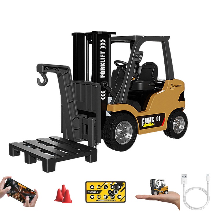 Set Mini Stivuitor Cu Telecomanda, MorFansi®, Scara 1:64, Aliaj, 2, 4GHz, Control APP, Sunete si Lumini, Incarcare USB, Galben/Negru, 6 ani+ si Adult