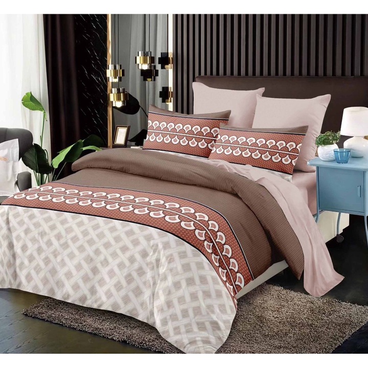 Set Lenjerie din Bumbac Finet, 4 Piese, Cearceaf cu Elastic, 180x200cm, cu 2 Fete de Perna