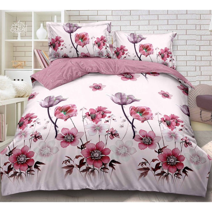 Set Lenjerie de Pat din Bumbac Premium tip Finet, 4 piese, cu elastic, pentru pat dublu 180x200cm, cu 2 Fete de Perna 55x80cm Incluse