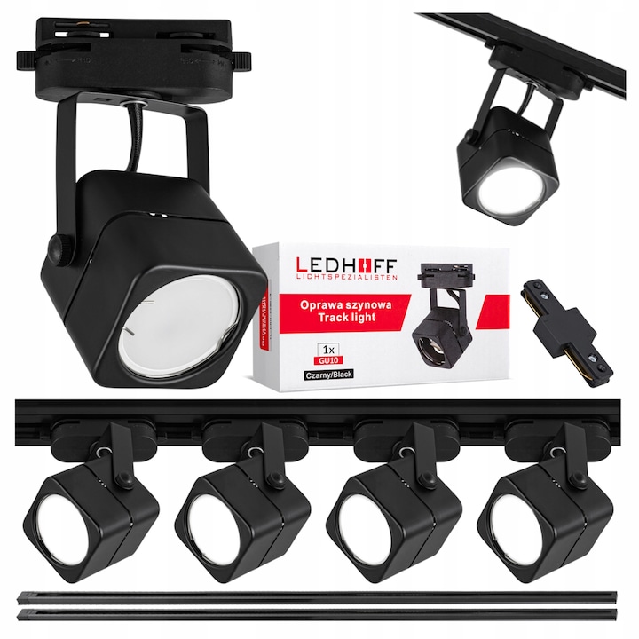 Set Corp De Iluminat Cu Sina, Ledhoff, Gazduire Tip Gu10, Alimentare Ac230V Monofazica, Clasa De Protectie Ip20 Pentru Interior, Material Aluminiu, 2 x 1000 x 38 mm, Negru, 4 Reflectoare