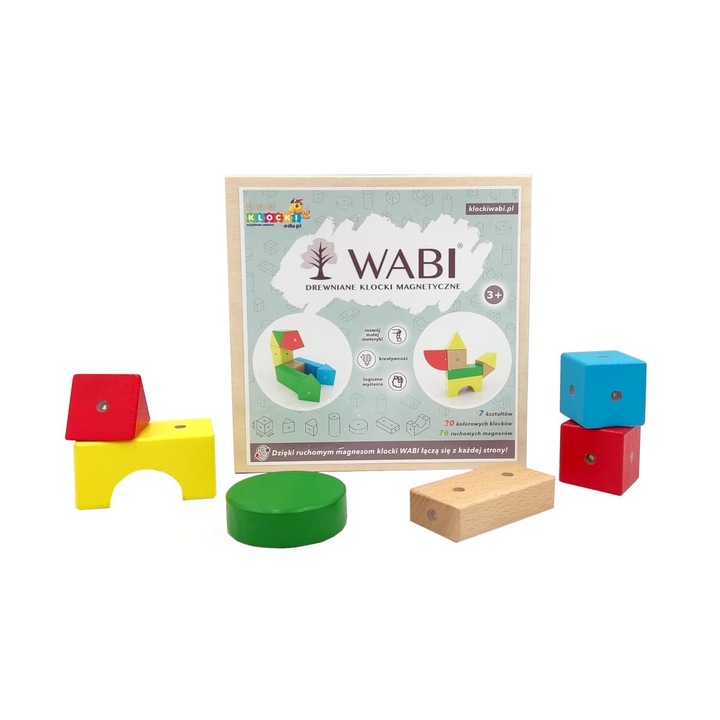 Set de constructie WABI, 20 piese, 76 magneti, 7 forme, 5 culori, din lemn de fag