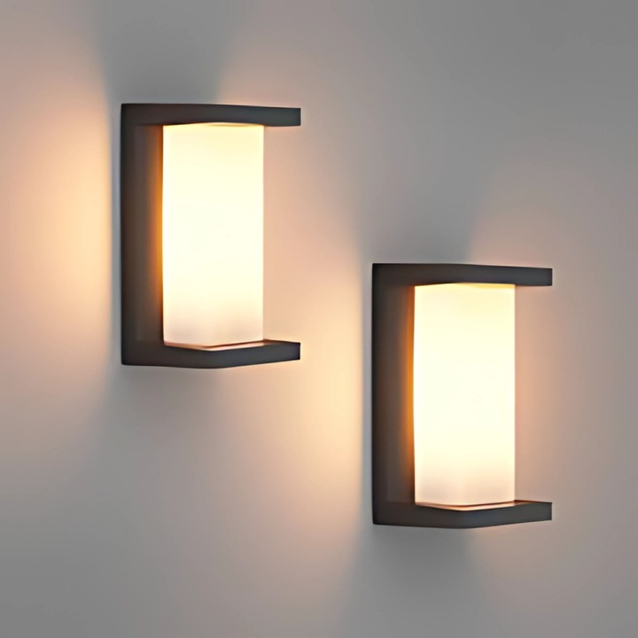 Set 2 x Aplice de Perete Exterior & Interior, IP65 – Aluminiu + Abajur Acrilic, Soclu E27, Rezistenta si Eleganta, 12.5 x 26 cm, Negru