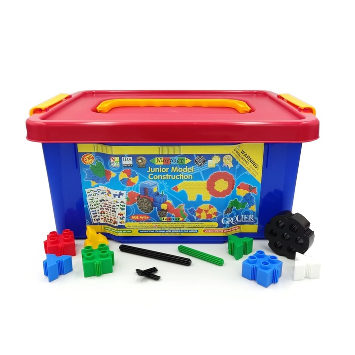 Set de constructie Morphun Junior, 424 elemente, forme variate, pentru copii 4+, cutie de depozitare