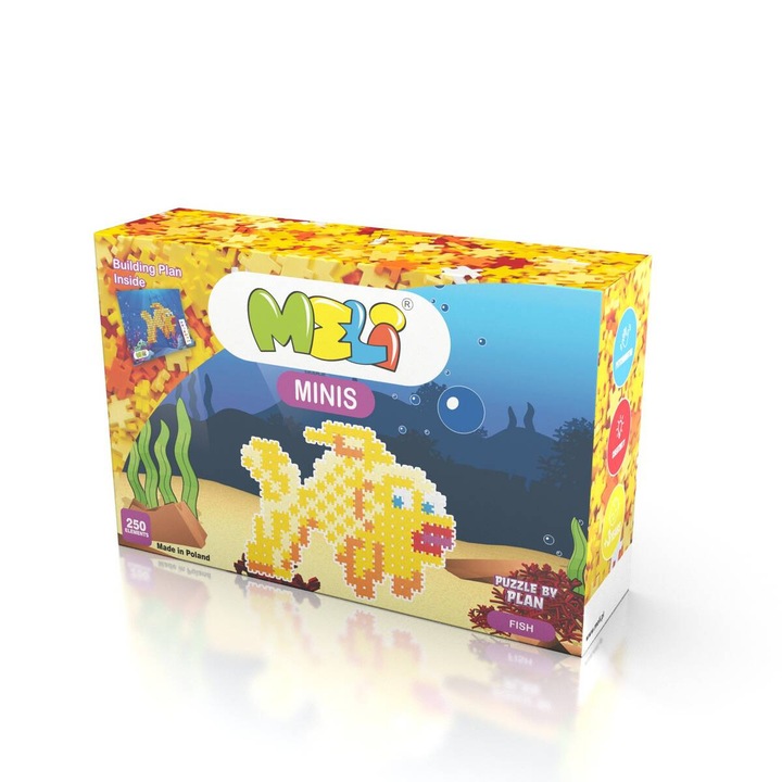 Set de constructie Meli Minis Fish, 250 piese, culori intense, 37x23cm, +3ani