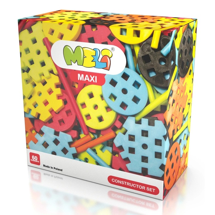 Meli Maxi Constructor építőjáték készlet, 60 elem, élénk színek, 2 éves kortól, nagy méretek
