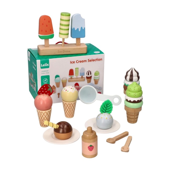 Set gelaterie copii, Lelin, din lemn, 12 accesorii, culori pastelate