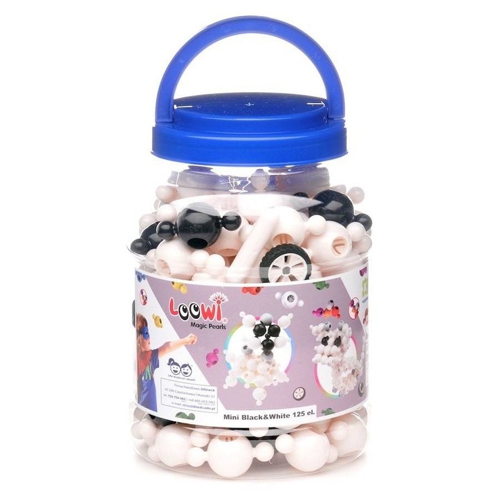 Set de constructie Loowi Black&White, 125 elemente, culori alb si negru, cutie practica pentru depozitare