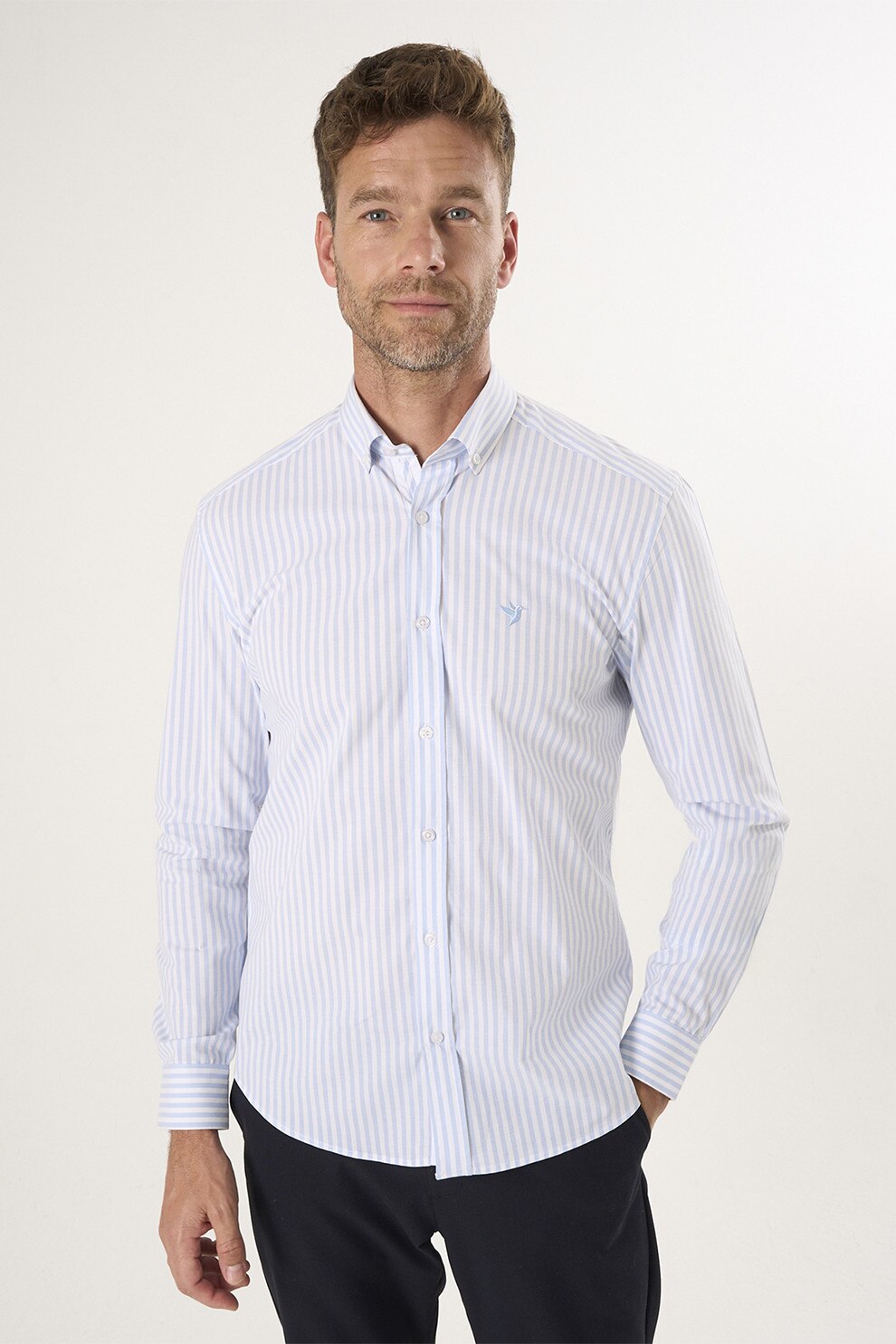 FELIX HARDY, Camasa cu guler fixat cu nasturi si dungi, Alb, Albastru deschis, M