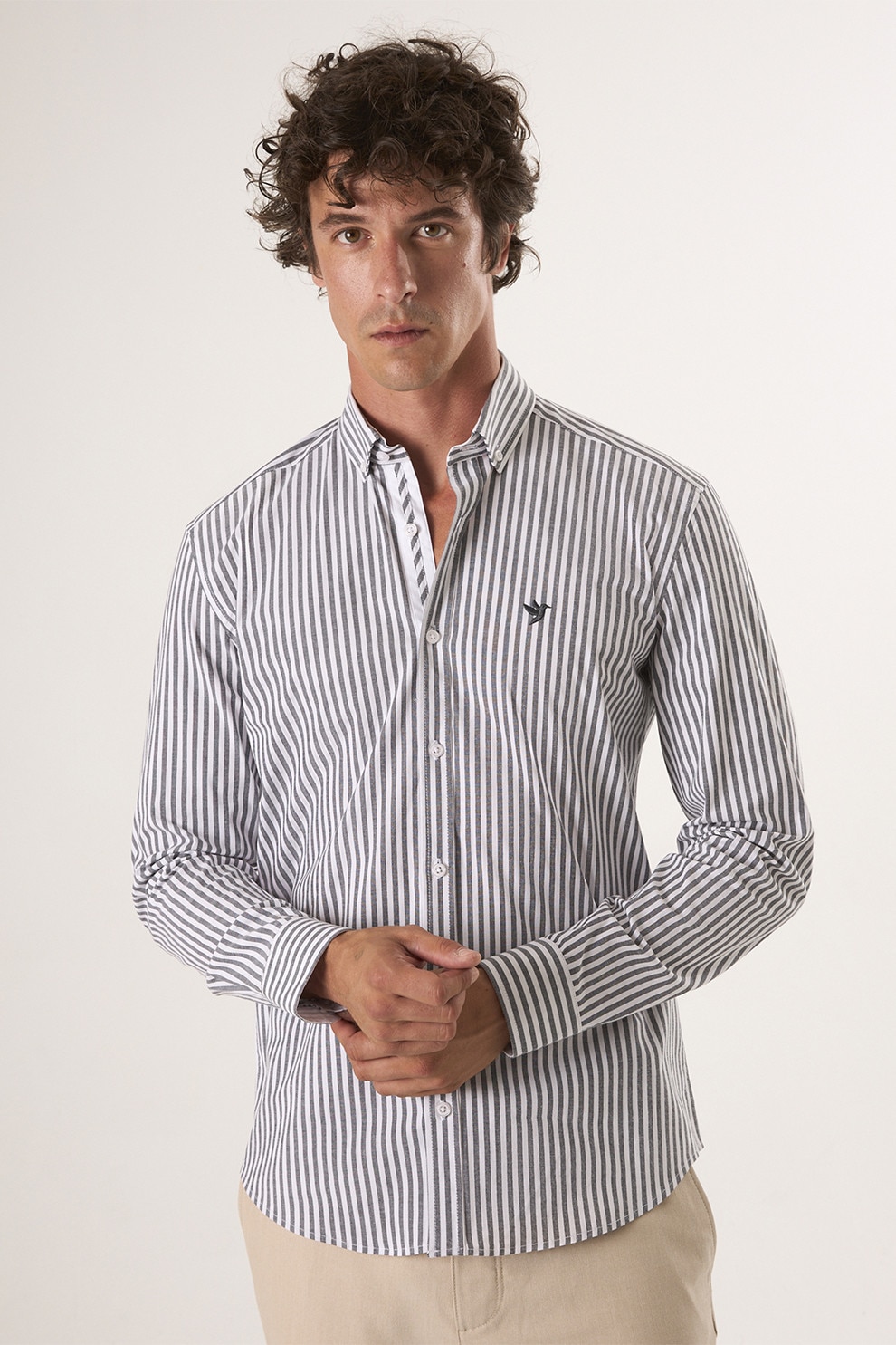 FELIX HARDY, Camasa cu guler fixat cu nasturi si dungi, Alb, Gri inchis, M