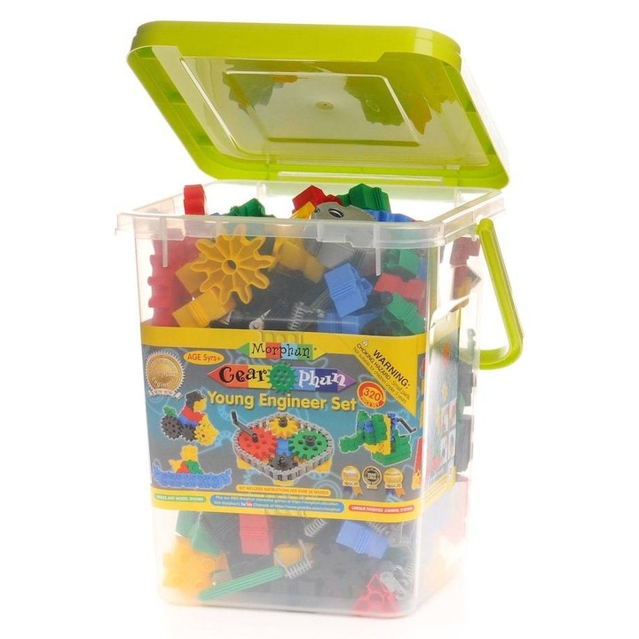 Set de constructie Morphun Gearphun Micul Inginer, 320 elemente, roti dintate, cutie de depozitare, multicolor
