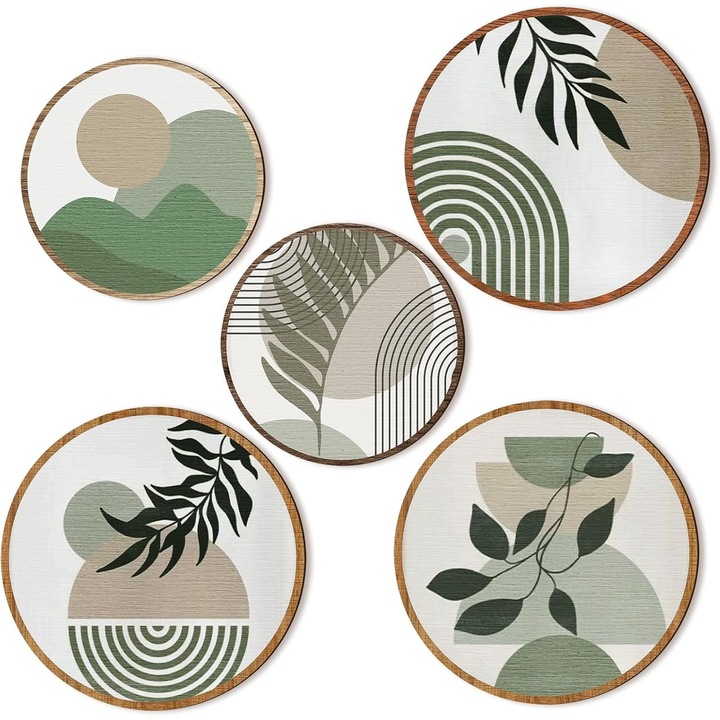 Комплект от 5 броя декорации за стена, Axroad Mall, Кръгла дървена декорация за стена, Бохо стил, Абстрактен дизайн, Модерен, За дома, спалня, всекидневна, Стенно изкуство, Размери 25x25см и 20x20см, Дърво, Зелен