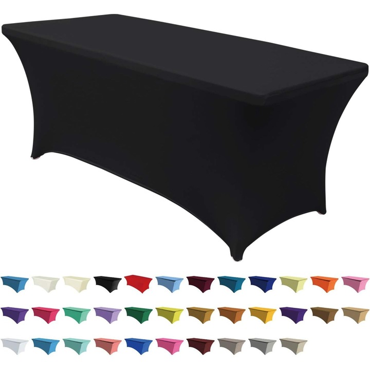 Asztalterítő, téglalap alakú asztalra, 4 ft (48x24x30 in), 90% poliészter/10% spandex 200gsm, 4 irányban nyúló, lábzsebekkel, foltálló, fekete, 1 db