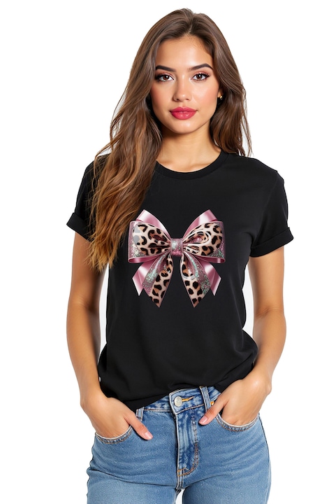 Tricou de dama cu funda leopard glam, Negru