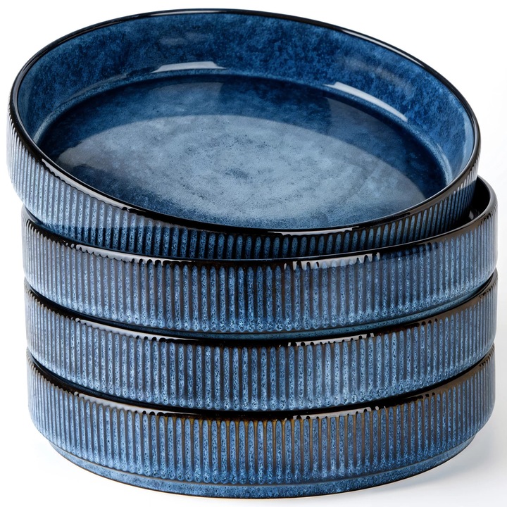 Set 4 farfurii adanci, ceramica glazurata albastra, cu margini, 20cm, Callena Cosmic Blue