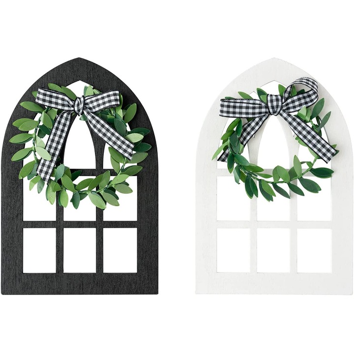 Set 2 bucati, semne decorative din lemn tip fereastra, stil rustic de ferma, mini pentru tavi in trepte, cu coroana de frunze si panglica in carouri, negru/alb, 2 x 15 x 10 cm