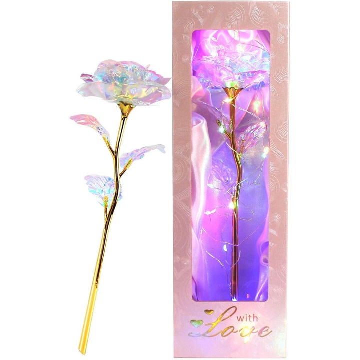 Trandafir aurit 24K cu LED decorativ, cadou femei, multicolor, 25x15x15cm