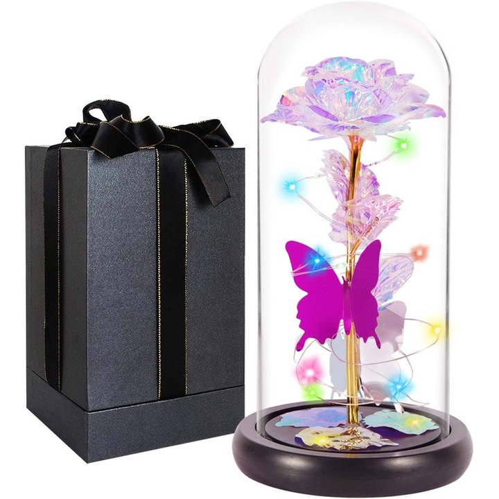 Trandafir vesnic in cupola sticla cu LED colorat decor 20x15cm